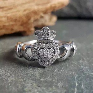 Authentic Real Moissanite 1.90CT Round Cut Women's Claddagh Wedding Ring White Gold Plated