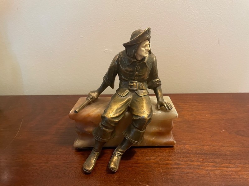 J.B. Hirsch Pirate Single Bookend 1930's, Metal, Marble base, Celluloid face