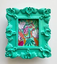 Hummingbird miniature art watercolor print in vintage style ornate frame