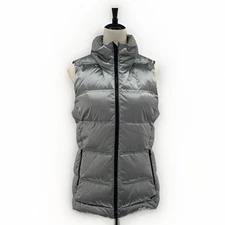Athleta Down Puffer Vest Jacket Women's Size Medium Silver Quilted Long 19" p2p