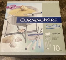 CorningWare FrenchWhite Stoneware Fondue Set 1.5 Qt Round Dish, Cradle, 6 Forks