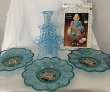 DUDLEY'S Crystal-Cut Egg Holder Centerpiece Vtg Easter Decor & 3 egg platters