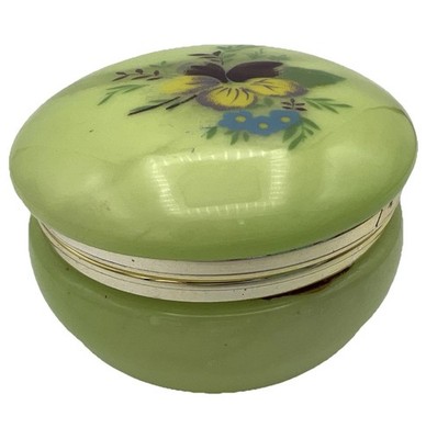 Vtg Alabaster Hand Carved Hinged Jewelry Trinket Box Flower Green
