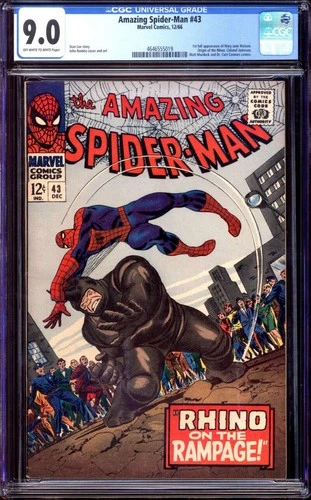 AMAZING SPIDER-MAN #43 CGC 9.0 OW/WH PAGES // 1ST FULL MJ WATSON + RHINO ORIGIN