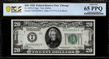 1928 $20 Federal Reserve Note Chicago FR.2050-G - PCGS 65 PPQ - Numerical 7