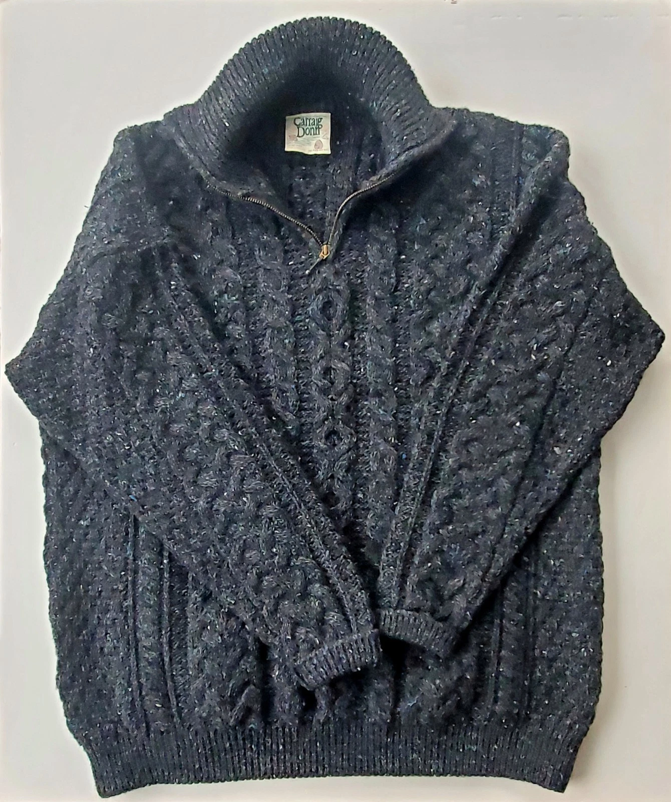 CARRAIG DONN Ireland Speckled Dark Gray Quarter-Zip Cable Knit Wool Pullover XL