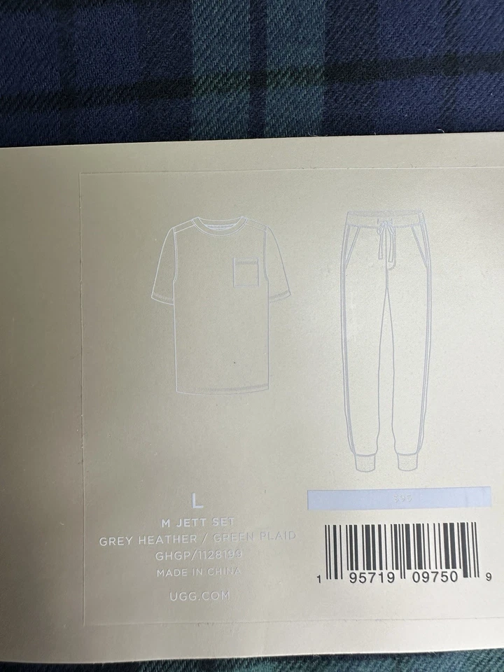 UGG 男式 Jett 睡衣套装灰色希瑟 T 恤和绿色格子慢跑裤 L 码 — 第 3/4 张图片