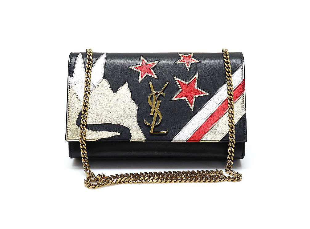 Saint Laurent Pelle di Vitello Nera Catena Oro Rockstar Patchwork Kate Spalla Piccola