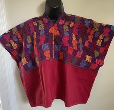 Vintage Huipil Guatemalan Woven Embroidered Textile Red Birds Animals 26 x 20