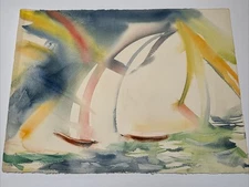 ABSTRACT COASTAL PAINTING SAIL BOAT MAURICE SILBER LISTED RARE LARGE VINTAGE 30"