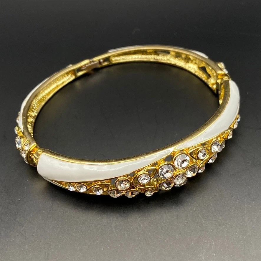 Vintage ERWIN PEARL Bracelet 10K GP White Enamel Crystal Linked Panels RARE - Image 2 of 4