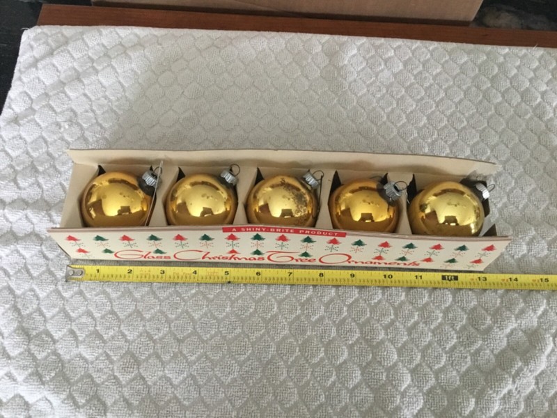 set 5 gold shiny brite ornaments 