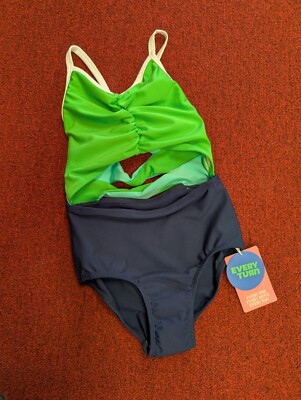 Every Turn Cami Leotard Dance Gymnastics Green And Blue Fun W/ Funky Cut Outs