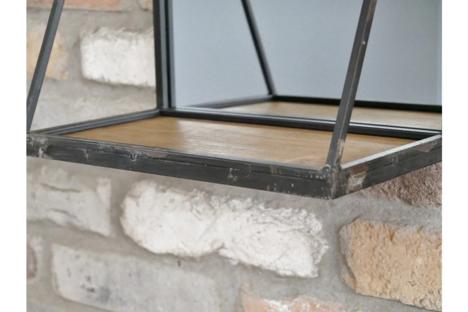 Industrial Metal Mirror With Wooden Shelf Wall Mounted Rustic Vintage Storage - Image 3 of 4