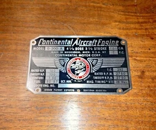 O200, Continental Motors Engine Data Plate, Nice!!! Acid Etched