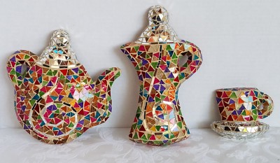 SET of 3 Coffee Shop Spot of Tea Decor Glass Mosaic Cup Pot Handmade Art Decor