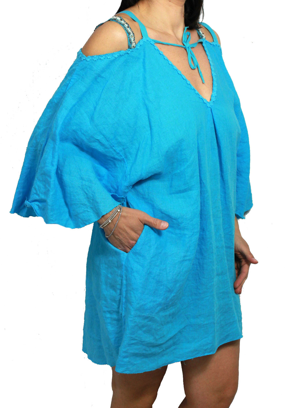 Блуза ROBERTA GUERCINI donna con applicazioni turchese из 100% линолеума ИТАЛЬЯНСКОГО ПРОИЗВОДСТВА