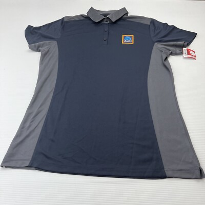 #ad Aldi Women#x27;s Polo Shirt size Medium Gray Navy Blue Employee 100% Polyester New $15.00