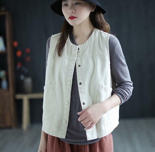 New Women Cotton Vest Casual Button sleeveless Jacket Coat Waistcoat Loose Retro - Picture 6 of 15