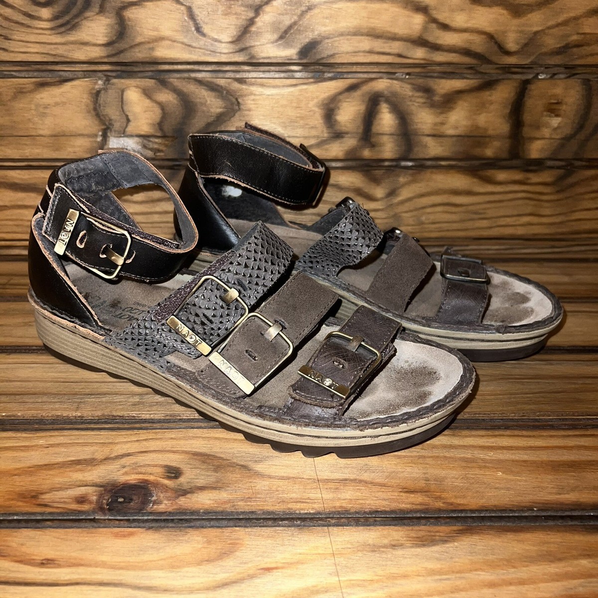 Naot Begonia Sandals Womens US Brown Leather Ankle Strap Wedge  Gladiator