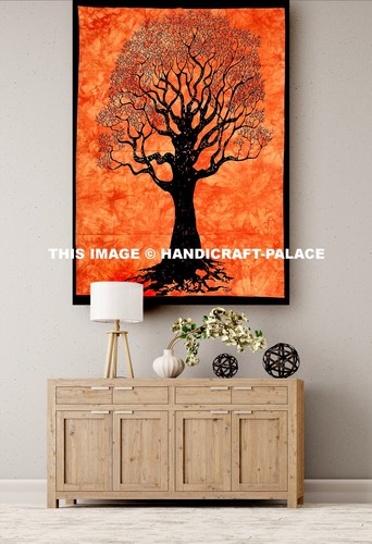 Tenture Murale Arbre De Vie – Décor Bohème Orange Batik, Tissu Ethnique Pour Salon