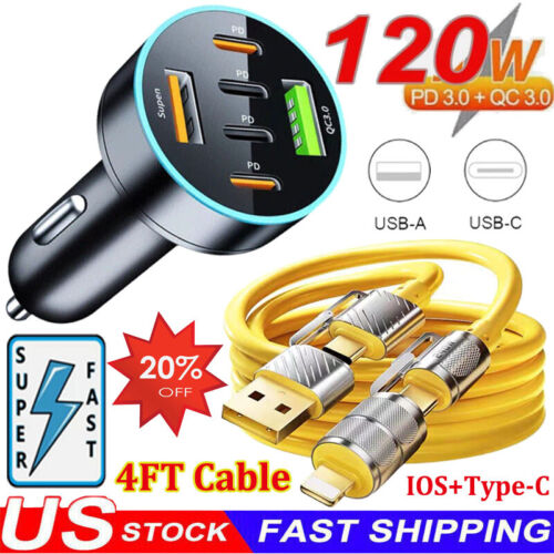 120W Fast Car Charger 6-Port Adapter&Cable For Motorola Moto G Play/Stylus/Power - Picture 24 of 27