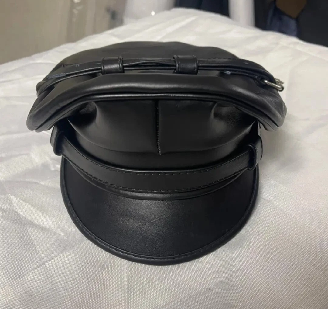 Genuine Full Leather Black Army Muir Biker Peaked Police Gay Bluf Cap Hat