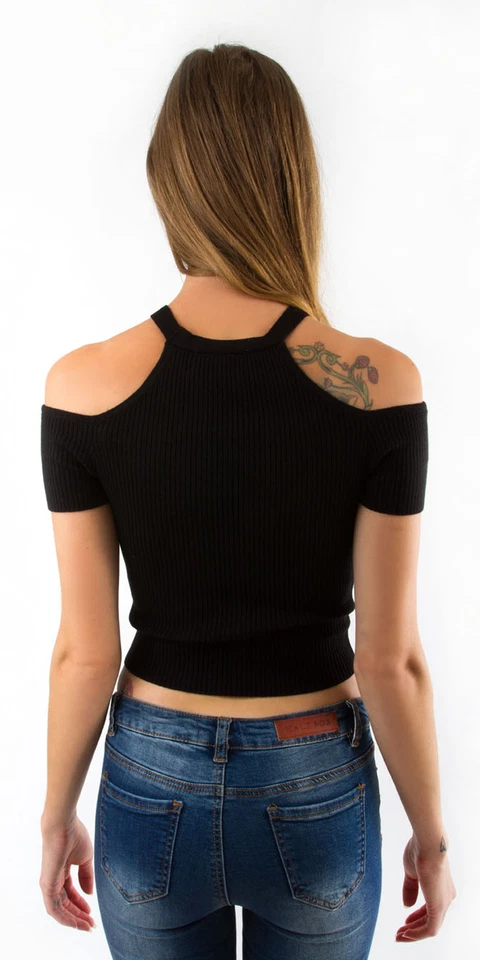 Top corto ajustado tejido hombro frío negro M L de Active Basic EE. UU. T2276 Foto 4 de 4