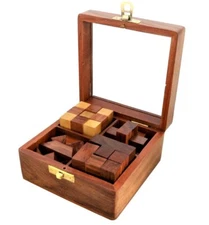 Handmade Wooden 4 IN 1 Puzzle Games Set 3D Brain Booster IQ Puzzles Best Gift