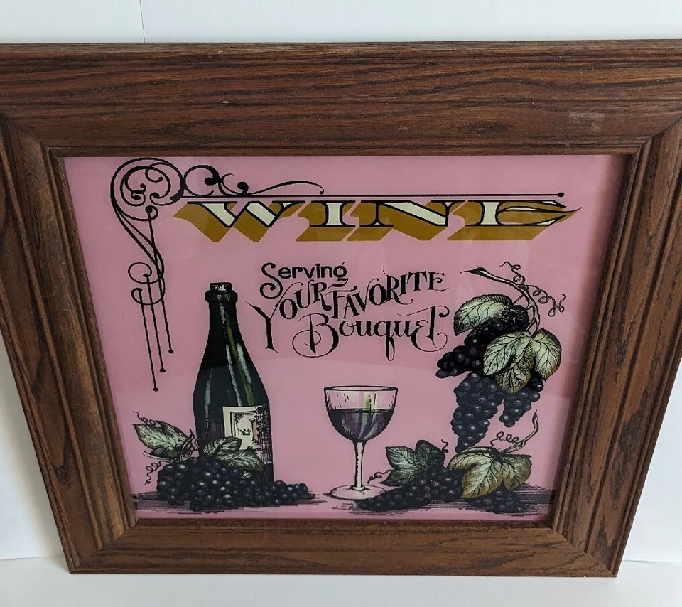 RARE Vtg 21" Reverse Painted Glass Wine Trade Sign Advertising Bar Wall Hanging  - Image 3 of 4