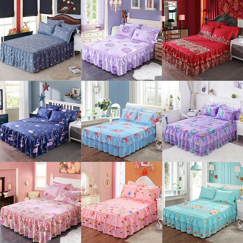 Floral Bed Skirt /Pillowcase Bed Spread Double Dust Ruffle Elegant Bed Sheet