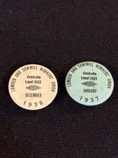 1936, 1937 Lumber & Sawmill Workers Union Local 2623 union pins Centralia WA