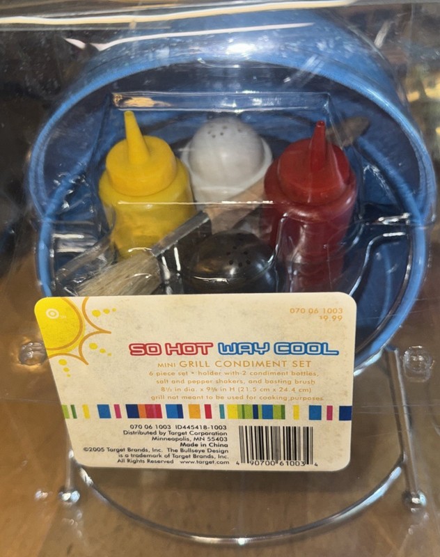 Vintage Mini BlueGrill w/ Salt, Pepper Shakers Ketchup Mustard  Bottles Brush
