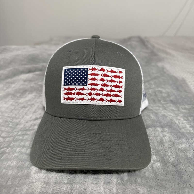 Columbia PFG Trucker Hat Beige White Mesh Adjustable American Flag Fish Design