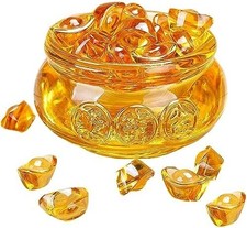 Feng Shui Golden Treasure Basin and About 30 PCS Ingot Yuan Bao, 3In Crystal Gla