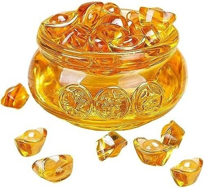 Feng Shui Golden Treasure Basin and About 30 PCS Ingot Yuan Bao, 3In Crystal Gla
