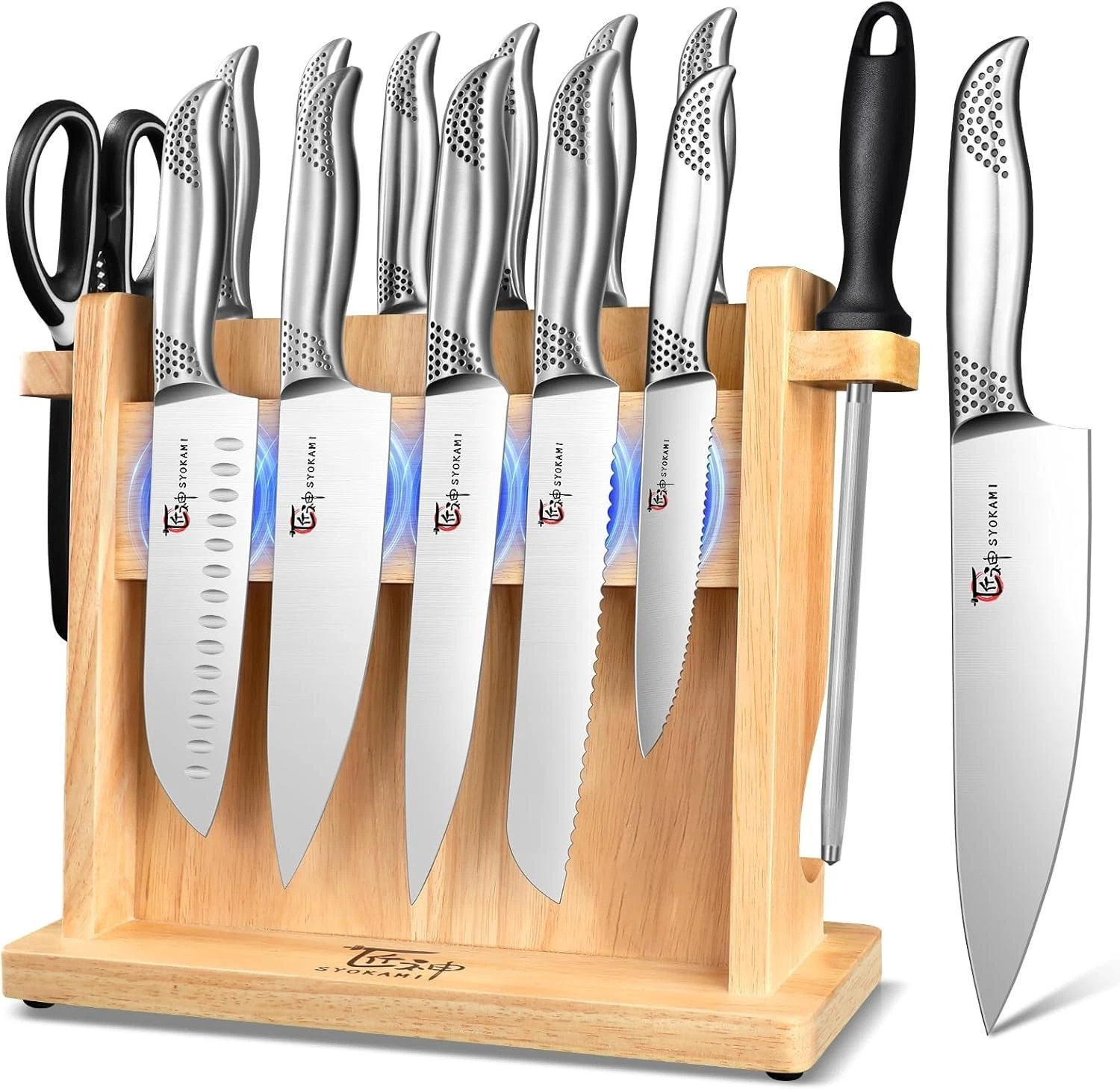 Japanese Knives Set for Kitchen, Magnetic Knife Set with Block and Sharpener