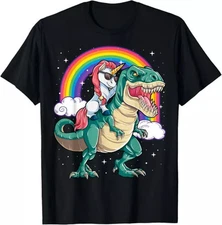 Unicorn Riding T rex Dinosaur Boys Girls Men Women Rainbow Gift Tees S-3XL