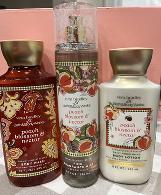 Bath & Body Works VERA BRADLEY PEACH BLOSSOM & NECTAR  TRIO Lotion Wash & Spray