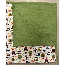 Handmade Baby Quilt Green Reversible Animal Woodland Nursery Blanket 52"x43"