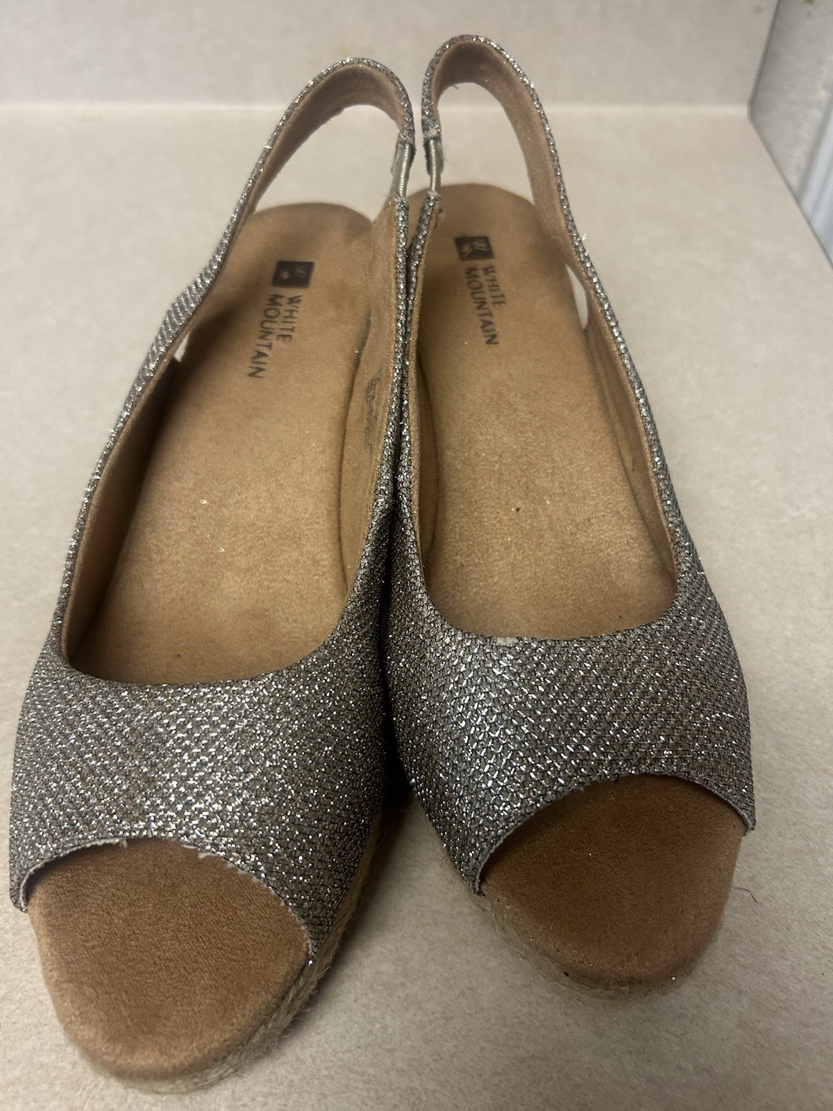 White Mountain Women's Silver Glitter Slingback Wedge Sandals Slip On Size 7 M