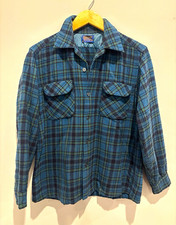 Vintage 60s Pendleton Men's M Blue Plaid Wool shirt Jacket Button Front pockets