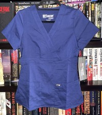 Greys Anatomy Barco Women's Navy Blue 2 Pocket Mock Wrap Original Scrub Top XS
