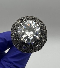 925 Sterling Silver 13.8mm Round CZ Marcasite Halo Ring Sz 7 12.4g C060