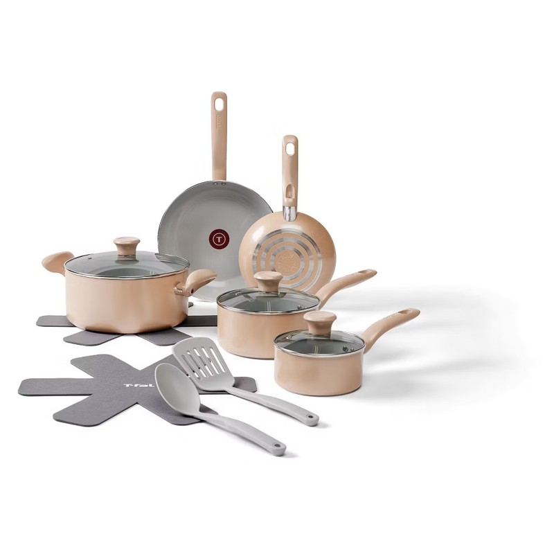 T-Fal 12pc Simply Cook Ceramic Cookware Set Beige: Nonstick Pots & Pans
