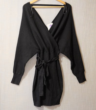 NWT! Lady Lavender Wrap Sweater Dress w/Waist Tie Black Womens L #A6-27