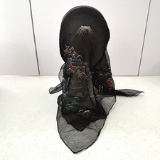 Womens 1950s Head Scarf Japan Asian Driving Hand Painted Vintage Black Textured