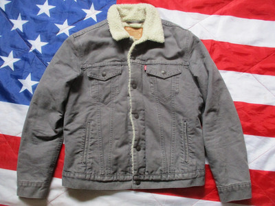 LEVI LEVIS Premium Trucker Sherpa JACKE MANTEL Grau Canvas Denim Big E LARGE M