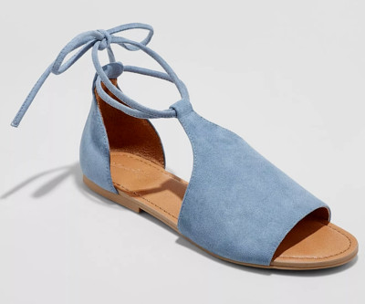 AILEEN HOODED FAUX BLUE SUEDE ANKLE LACE OPEN TOE FLAT SANDAL UNIVERSAL THREAD