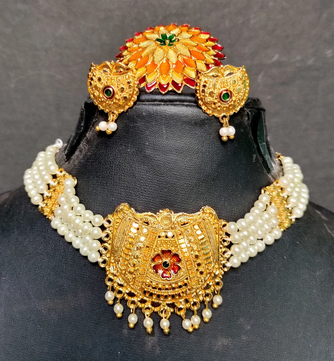 22K Gold Plated Indian Cz FoxPearl Choker Necklace Earrings Party Set jar471